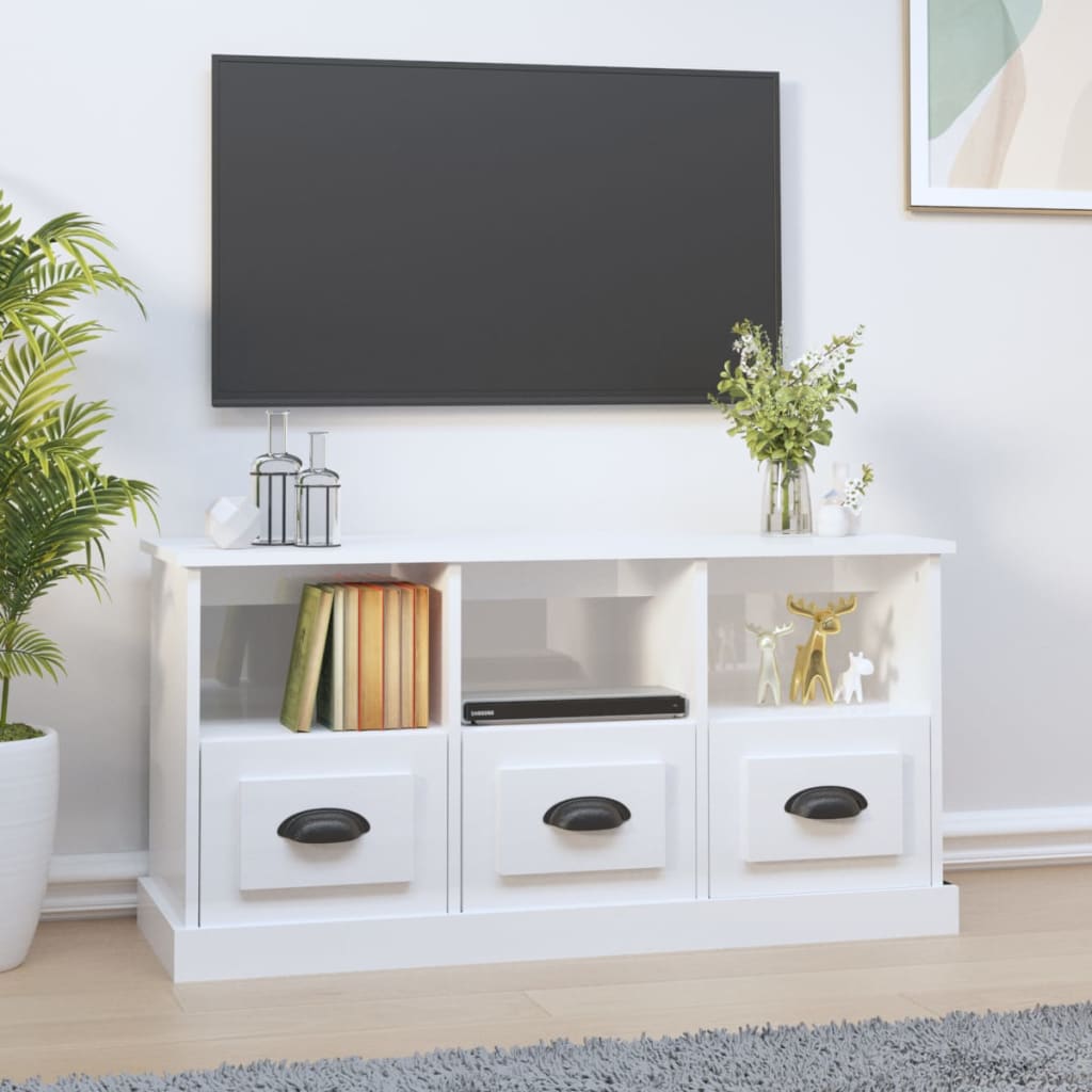 Vetonek Mueble de TV madera contrachapada blanco brillo 100x35x50 cm