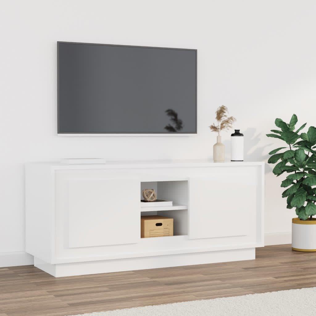 Vetonek Mueble de TV madera contrachapada blanco brillo 102x35x45 cm