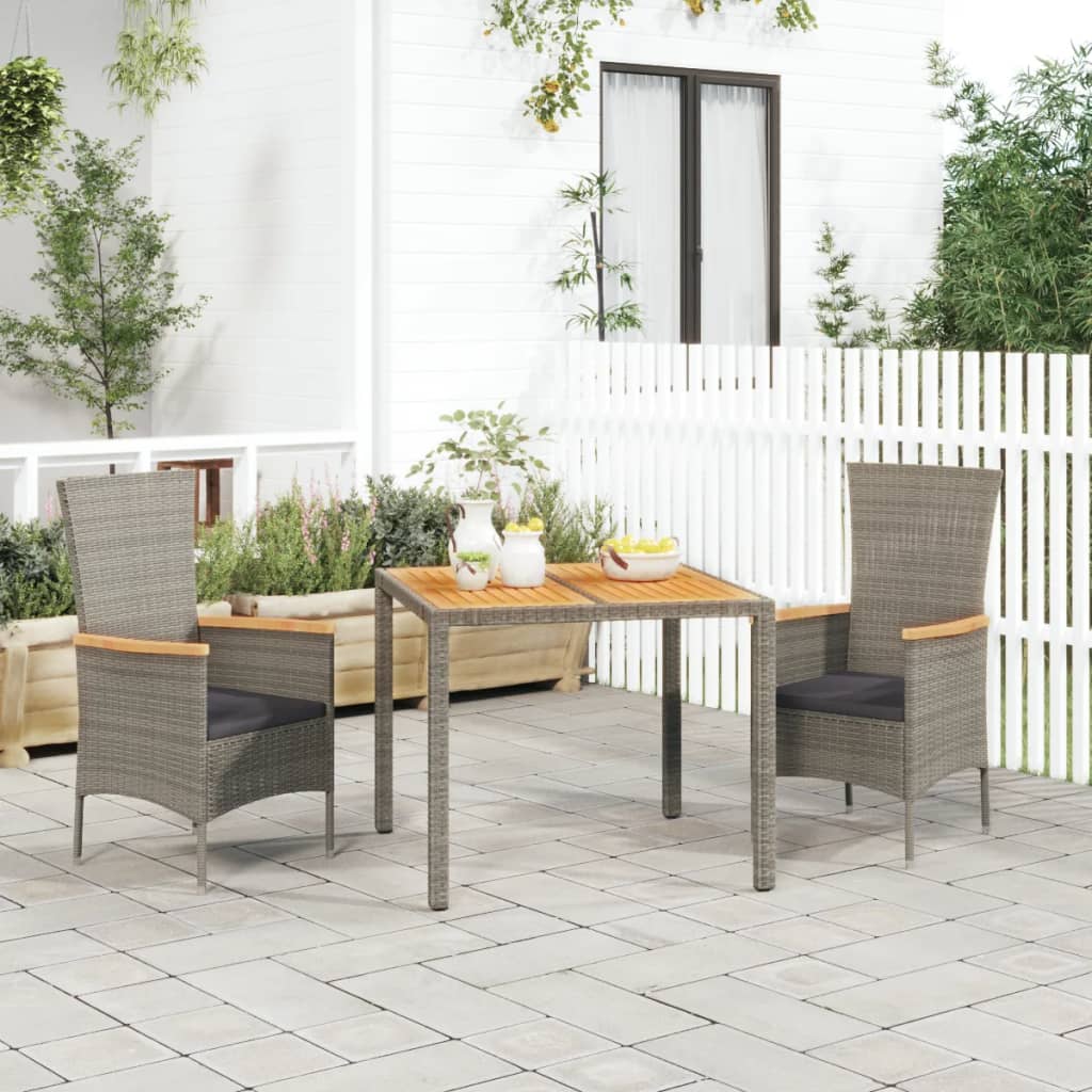 Vetonek Set comedor de jardín 3 piezas con cojines ratán sintético gris