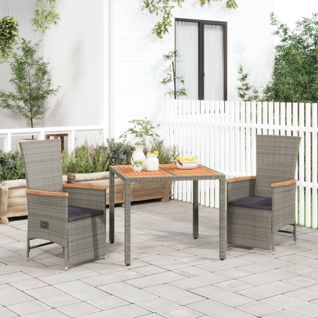 Vetonek Set comedor de jardín 3 piezas con cojines ratán sintético gris