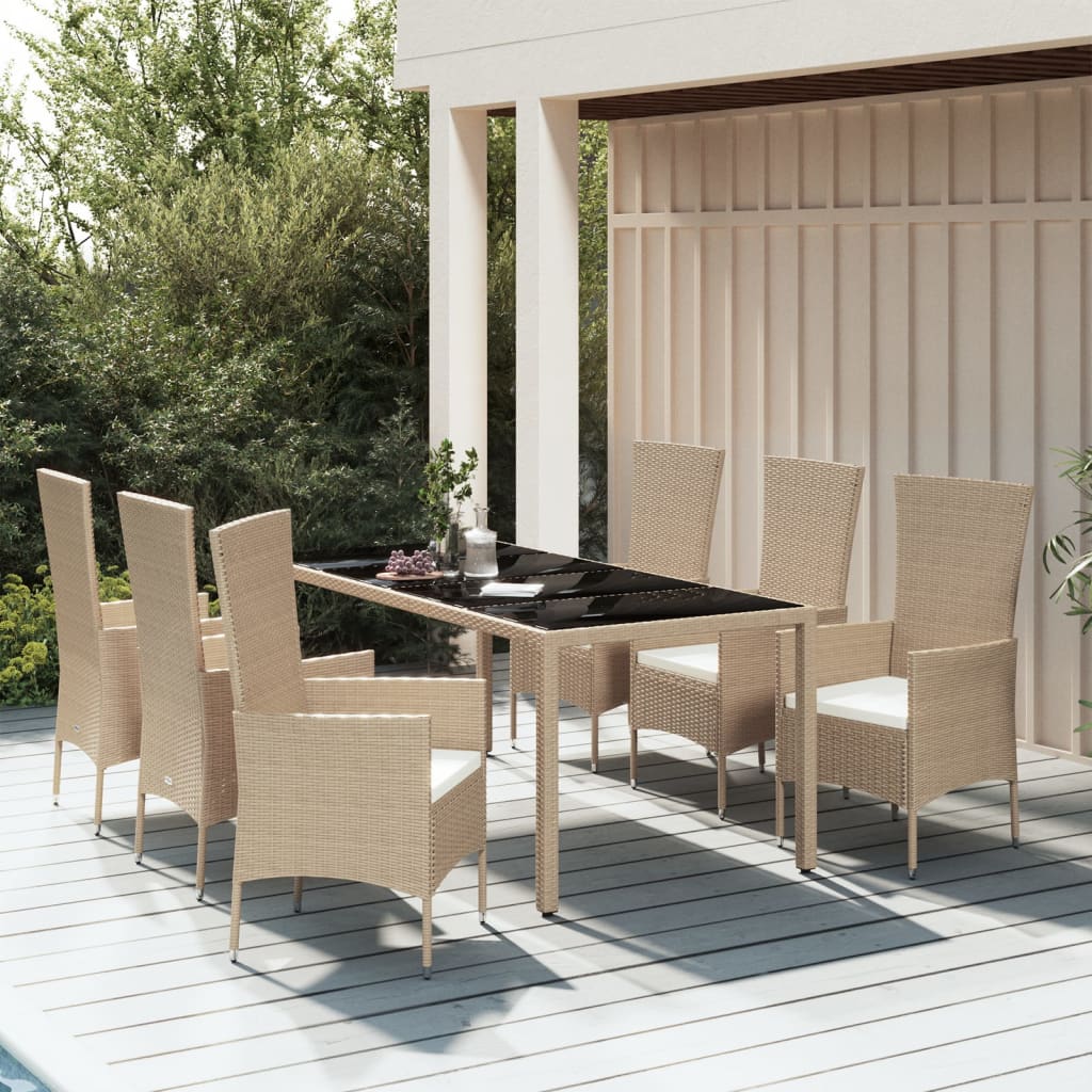 Vetonek Set comedor de jardín 7 pzas con cojines ratán sintético beige