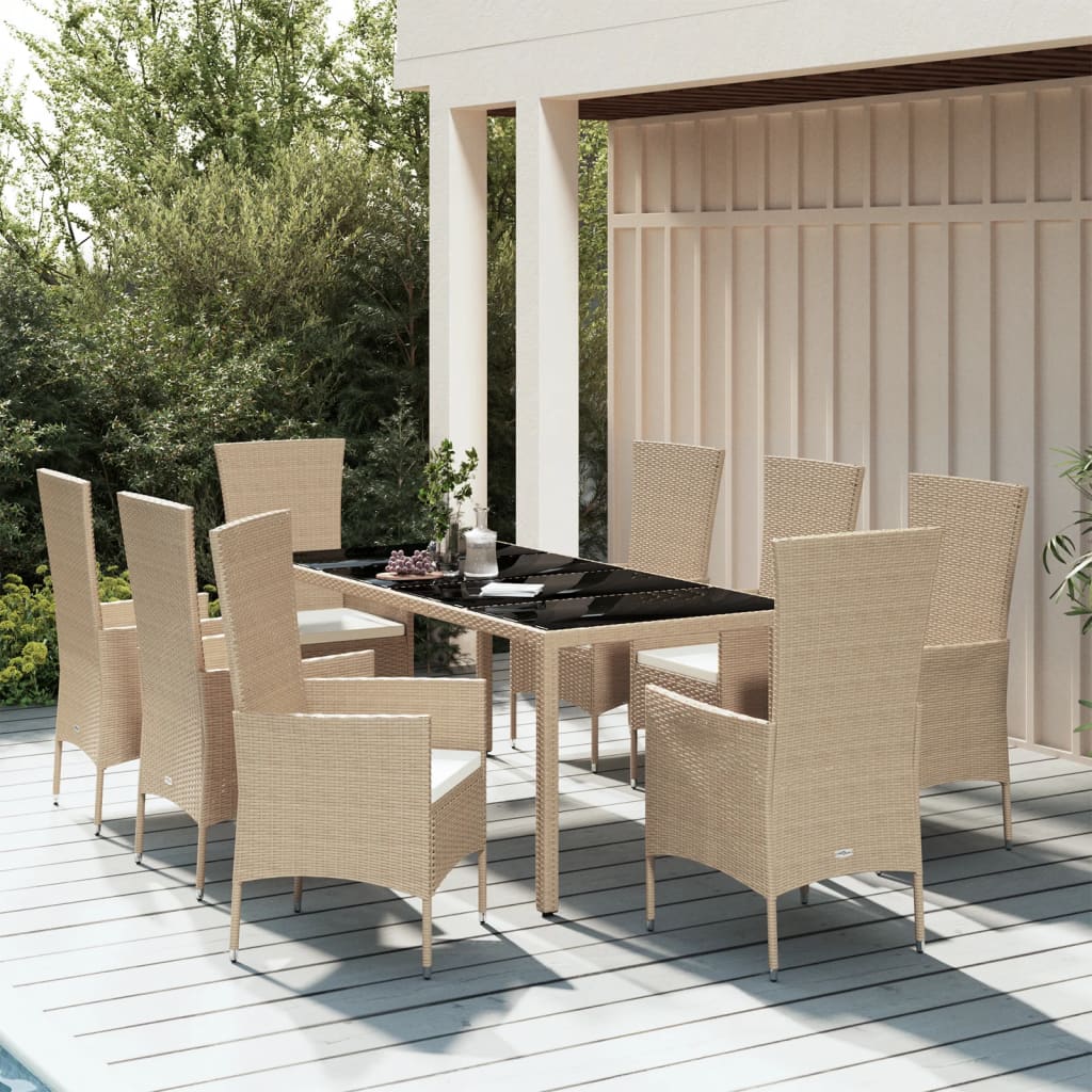 Vetonek Set comedor de jardín 9 pzas con cojines ratán sintético beige