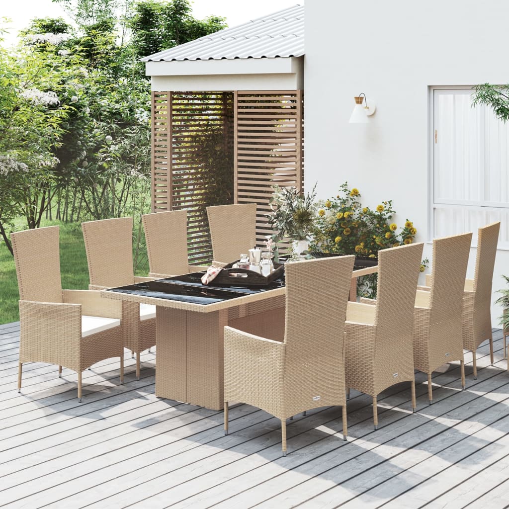 Vetonek Set comedor de jardín 9 pzas con cojines ratán sintético beige