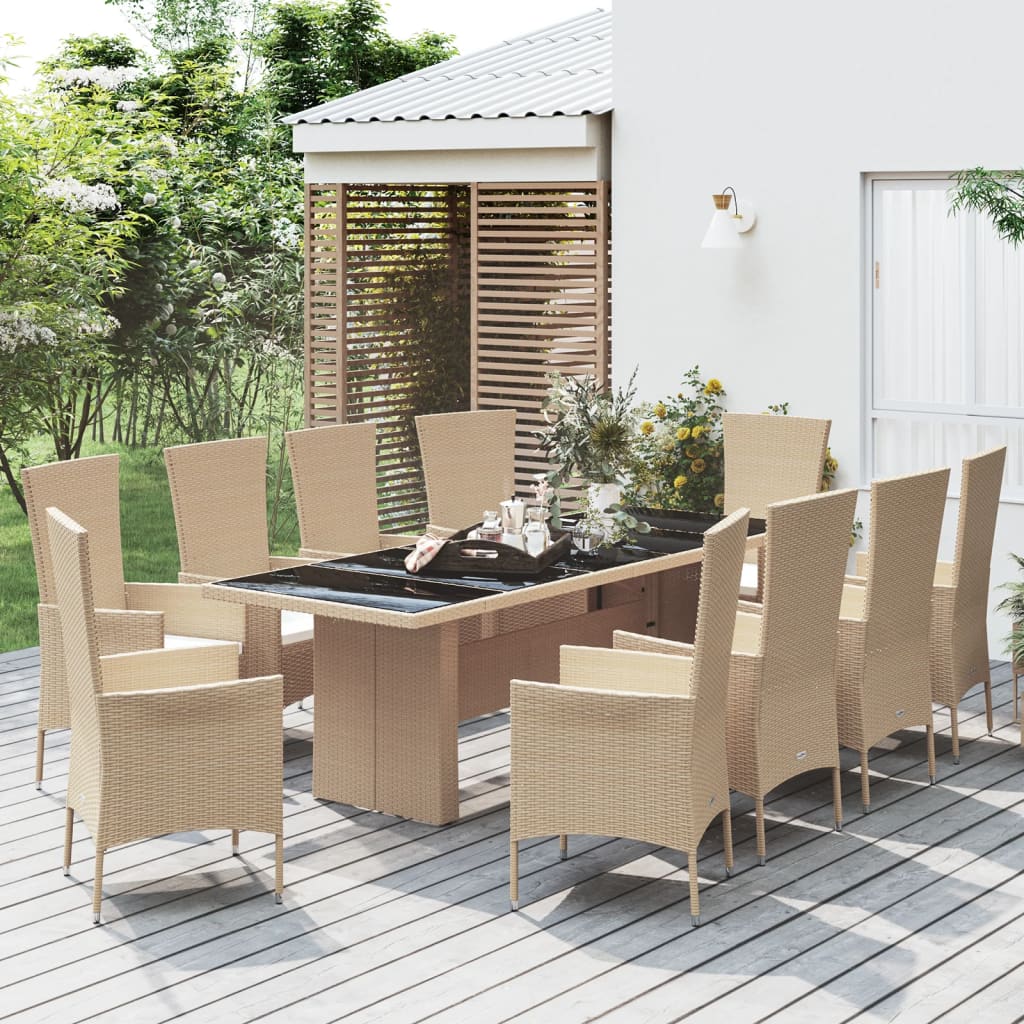 Vetonek Set comedor de jardín 11 pzas con cojines ratán sintético beige