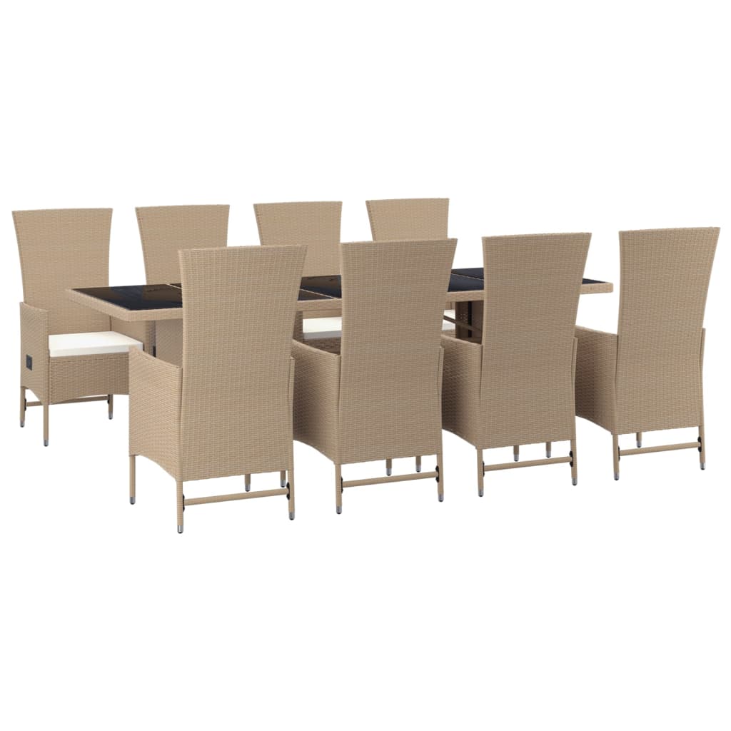 Garden Dining Set 9 Pcs with Beige Synthetic Cushions