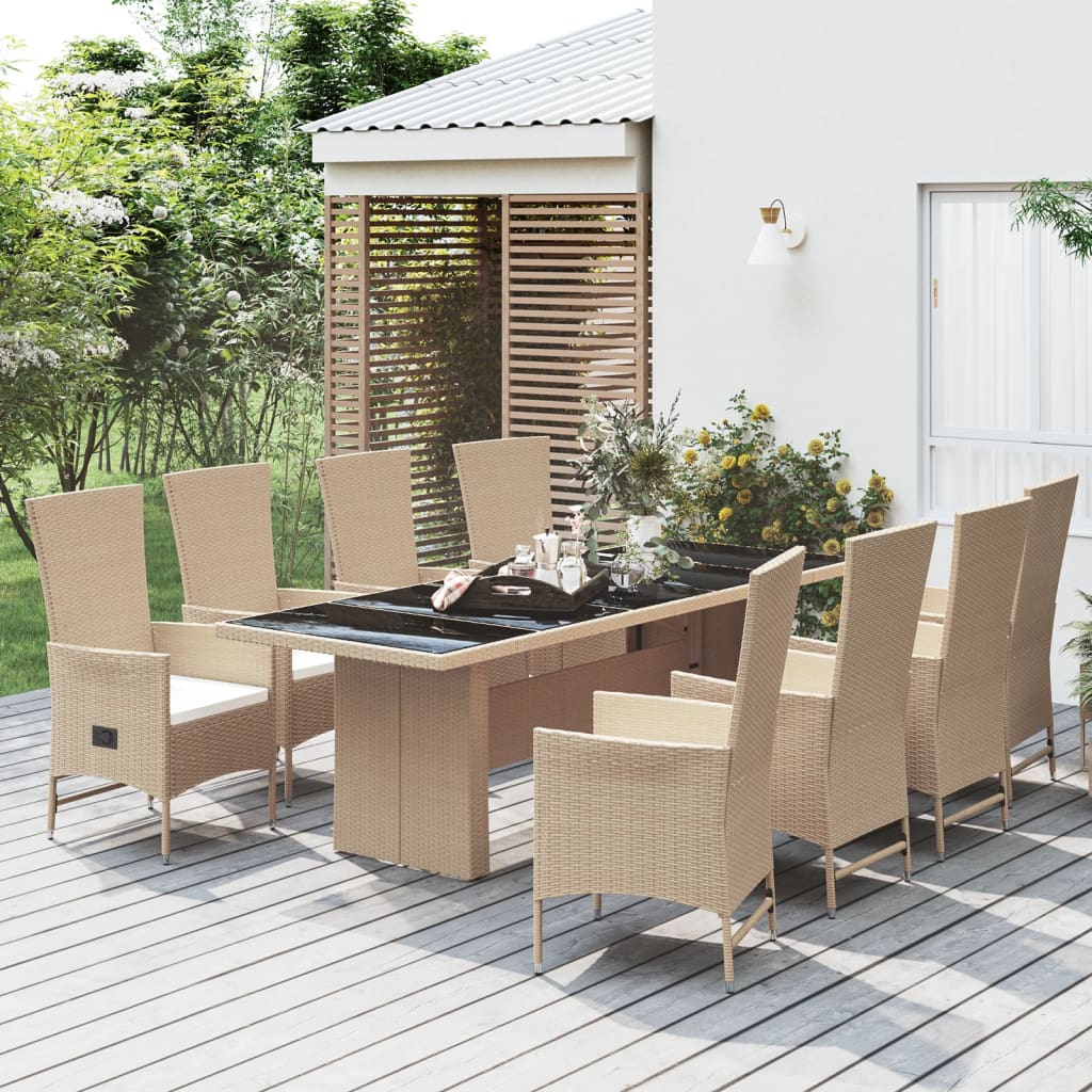 Vetonek Set comedor de jardín 9 pzas con cojines ratán sintético beige