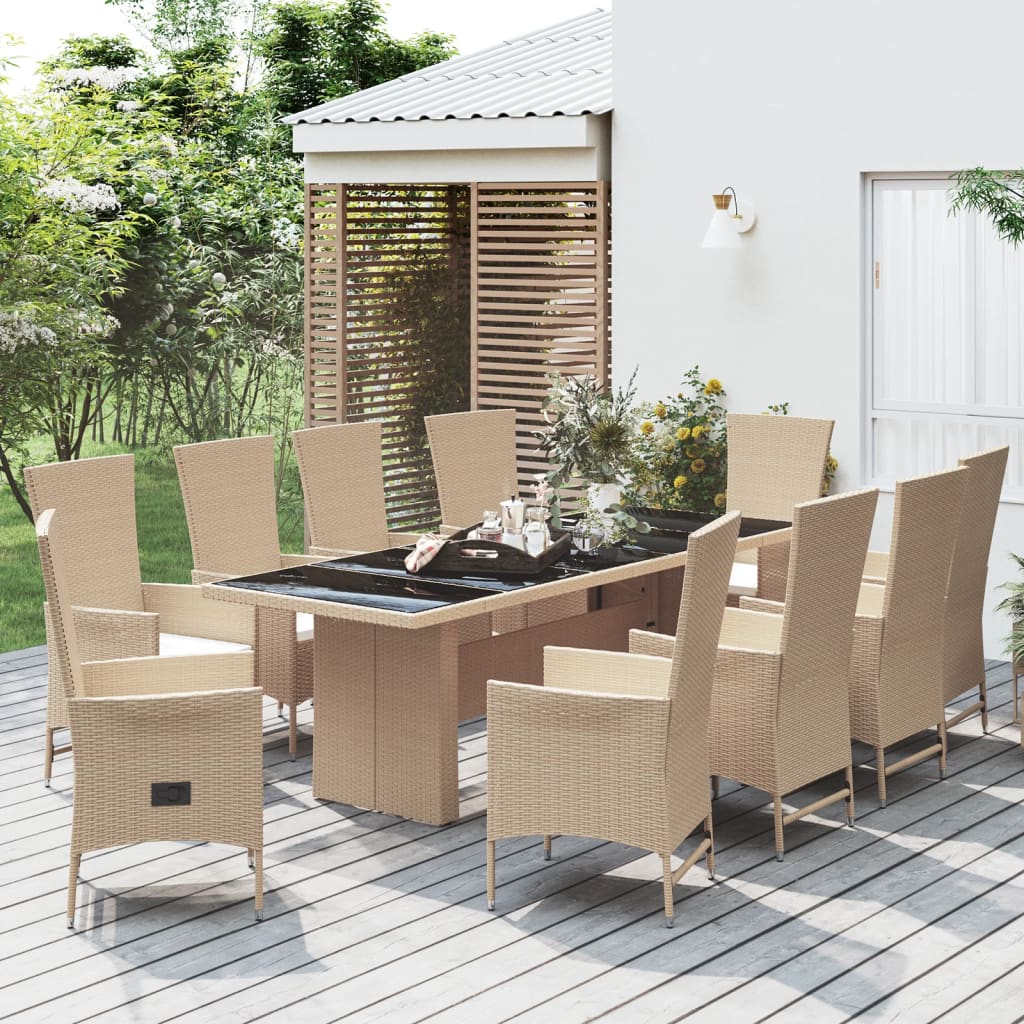 Vetonek Set comedor de jardín 11 pzas con cojines ratán sintético beige