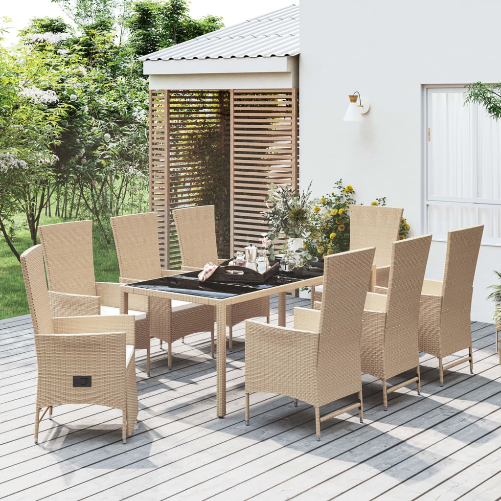 Vetonek Set comedor de jardín 9 pzas con cojines ratán sintético beige