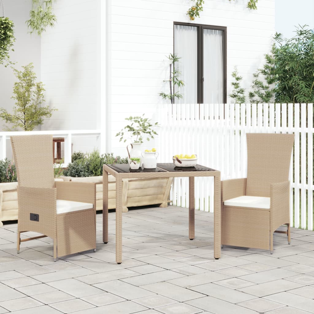 Vetonek Set comedor de jardín 3 pzas con cojines ratán sintético beige