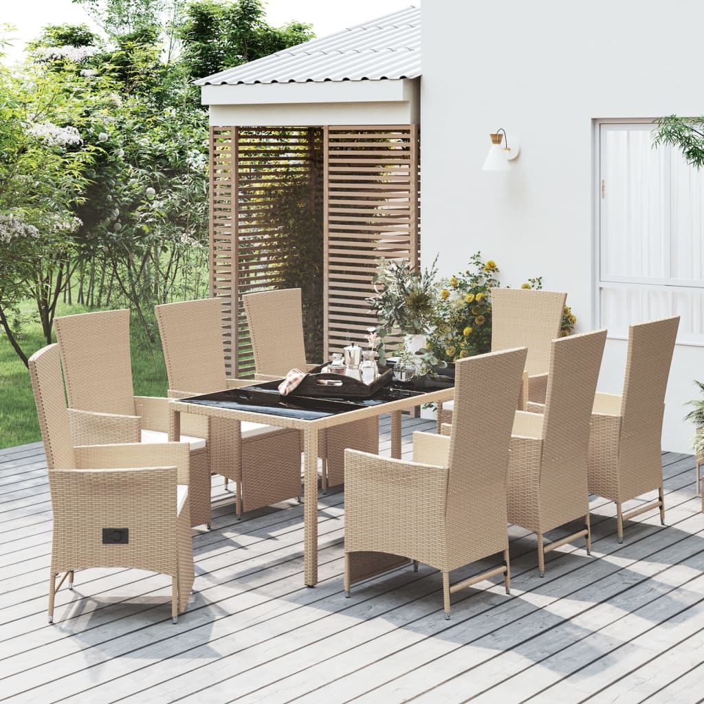 Vetonek Set comedor de jardín 9 pzas con cojines ratán sintético beige