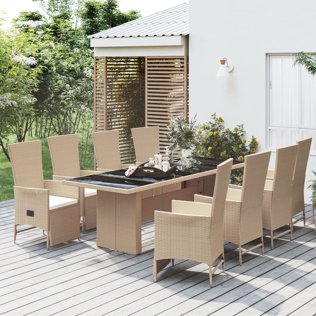 Vetonek Set comedor de jardín 9 pzas con cojines ratán sintético beige