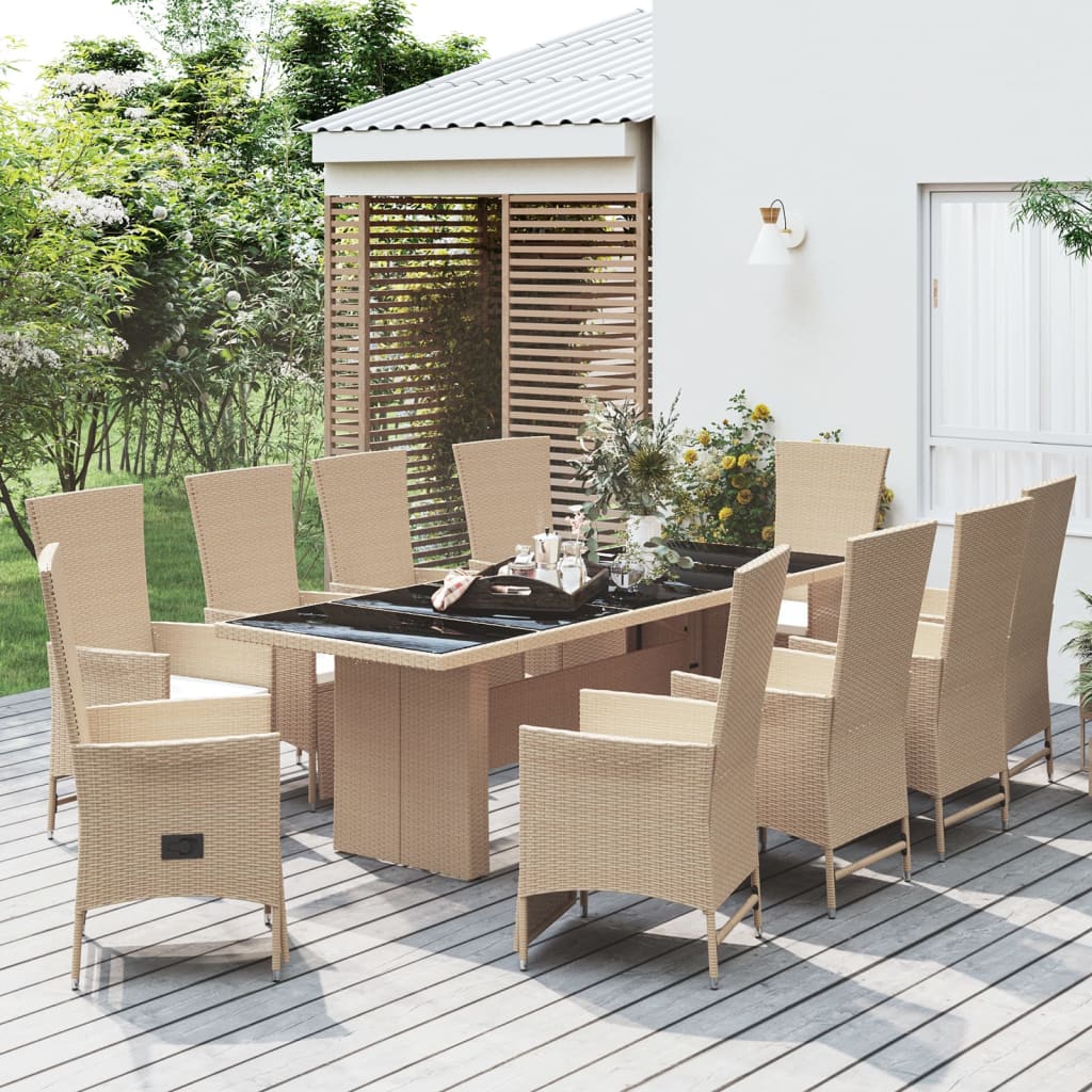 Vetonek Set comedor de jardín 11 pzas con cojines ratán sintético beige