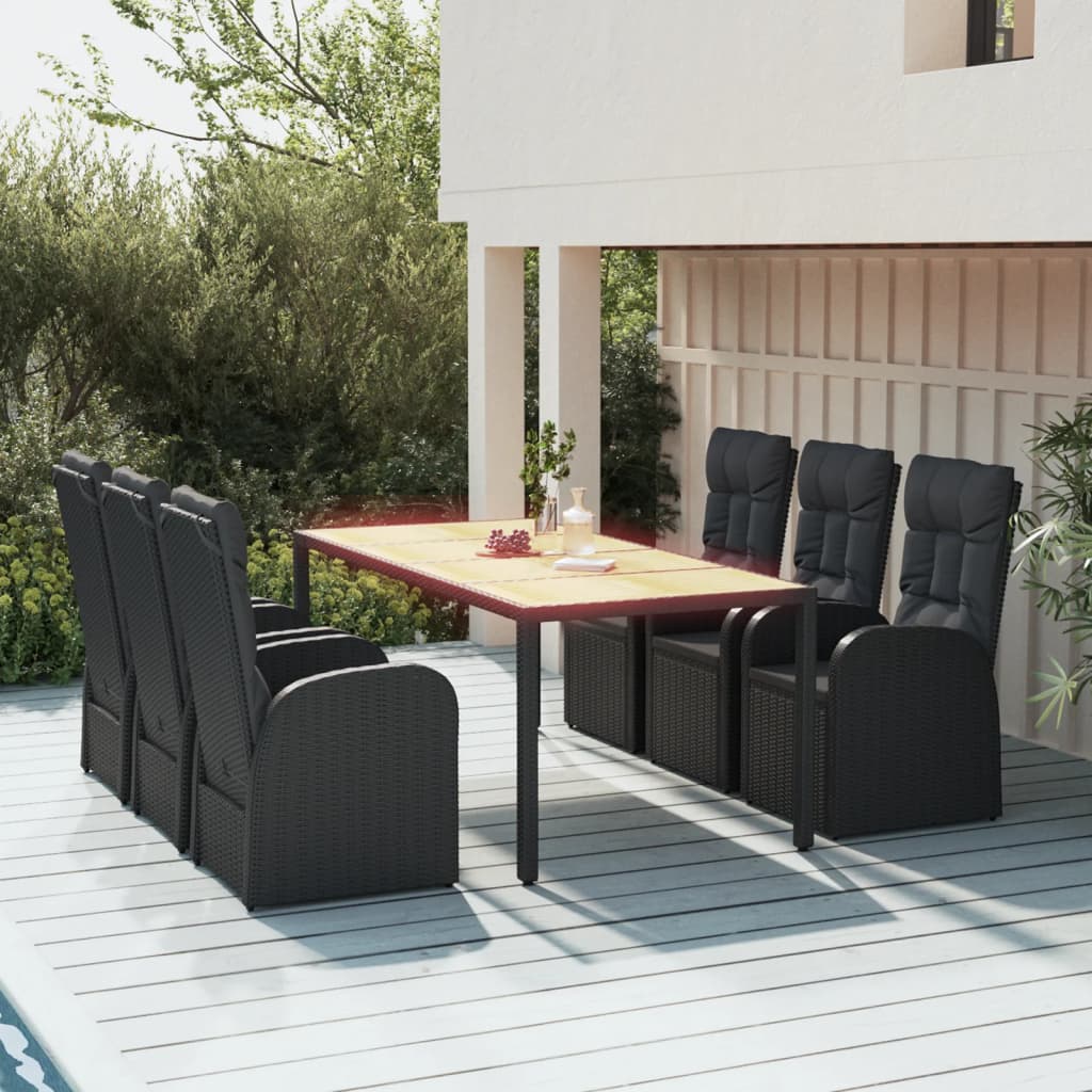 Vetonek Set de comedor de jardín 7 pzas y cojines ratán sintético negro