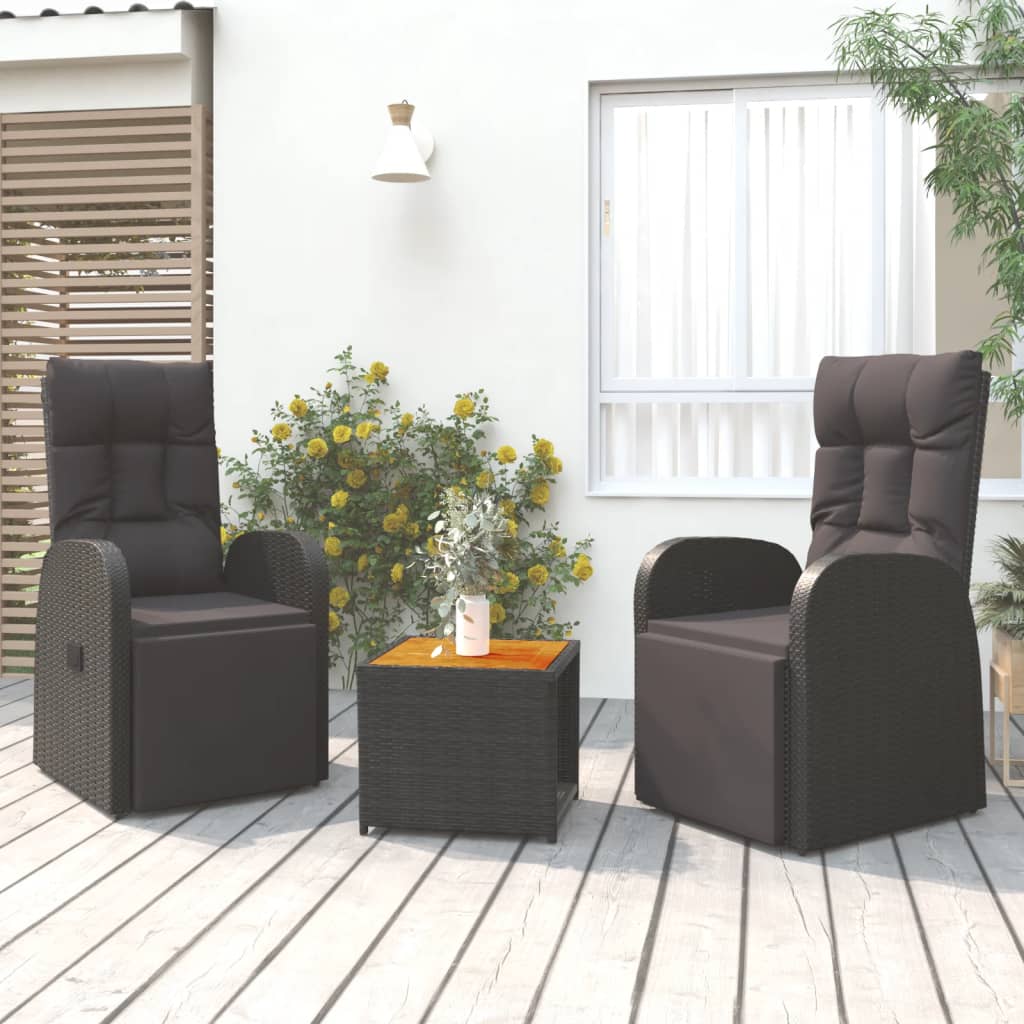 Vetonek Juego muebles jardín 3 pzas madera acacia ratán sintético negro