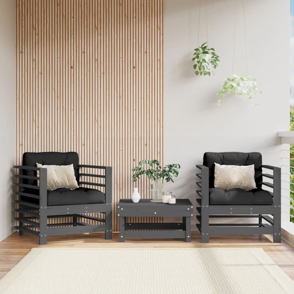 Vetonek Sillones de jardín con cojines 2 uds madera maciza de pino gris