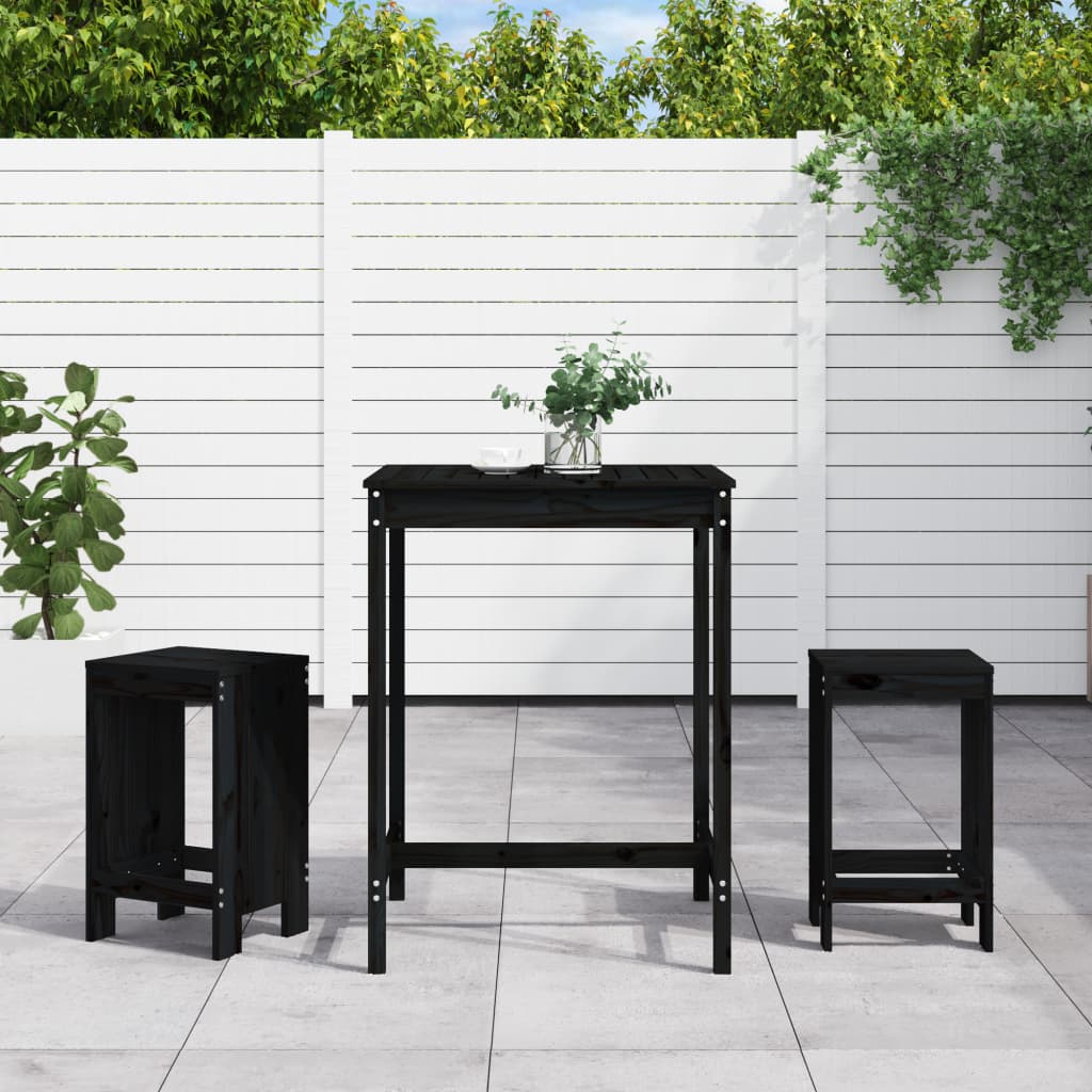 Vetonek Set de mesa y taburetes altos jardín 3 pzas madera pino negro