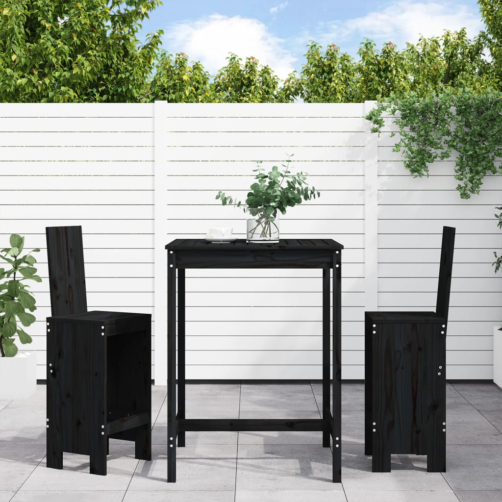 Vetonek Set de mesa y taburetes altos jardín 3 pzas madera pino negro