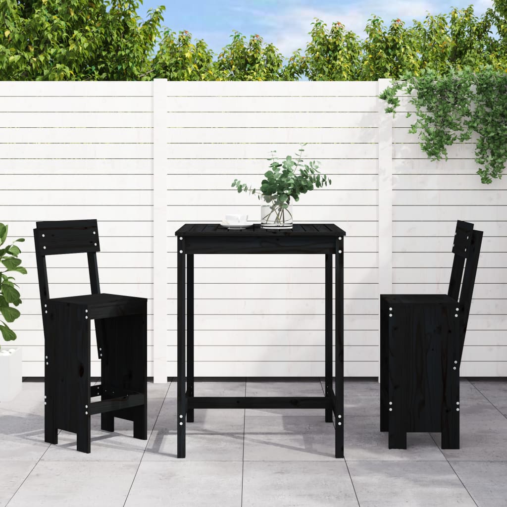 Vetonek Set de mesa y taburetes altos jardín 3 pzas madera pino negro