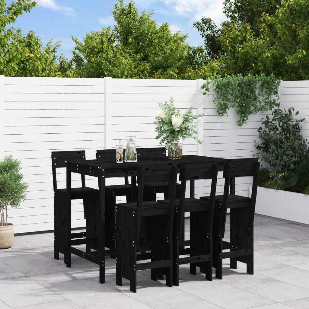 Vetonek Set de mesa y taburetes altos jardín 7 piezas madera pino negro