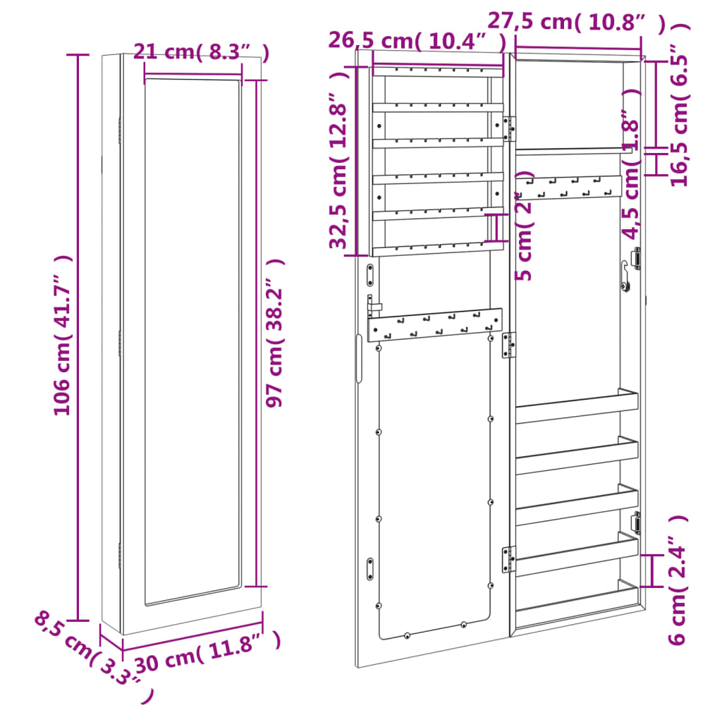 Espejo con joyero de pared blanco 30x8,5x106 cm vidaXL