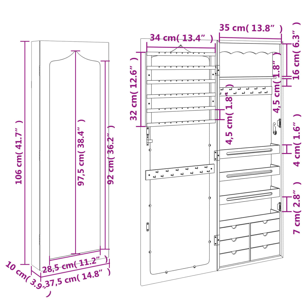 Espejo con joyero de pared 37,5x10x106 cm vidaXL