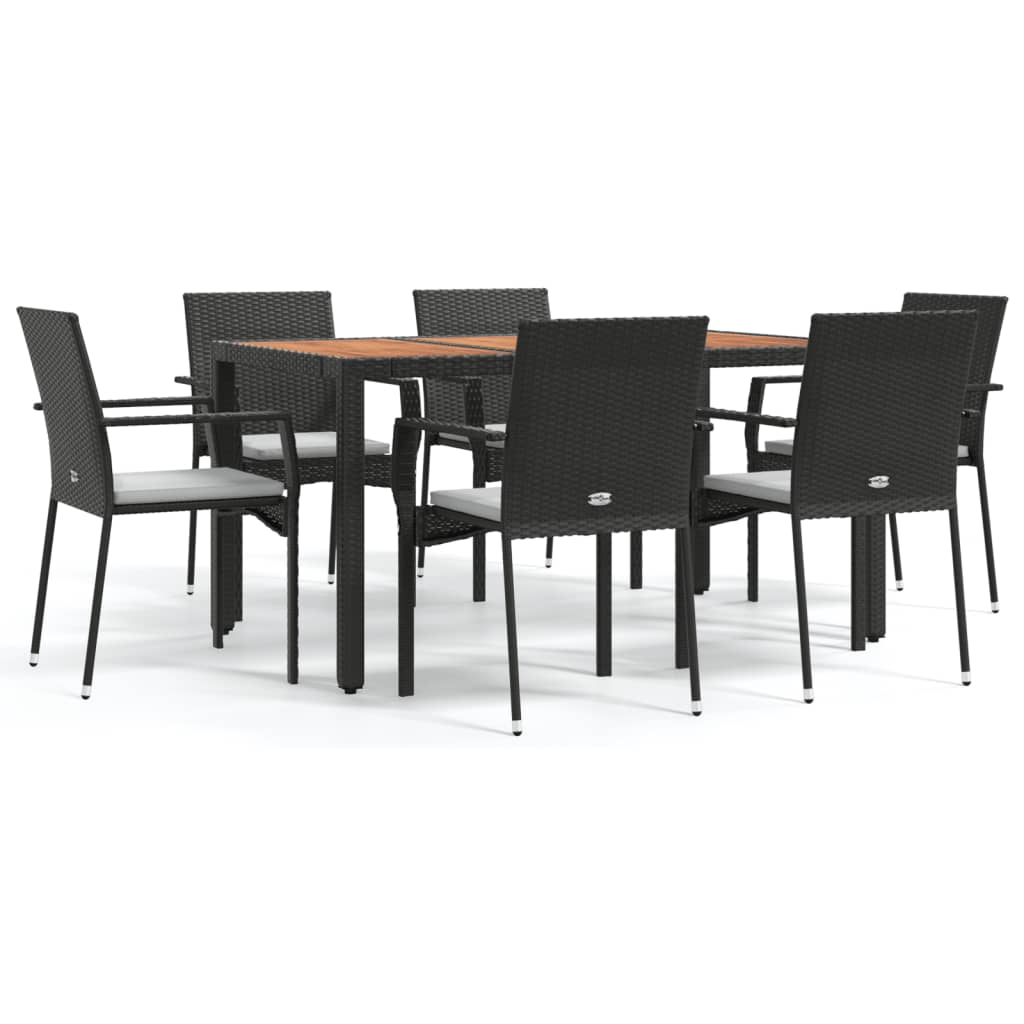 Set de comedor de jardín 7 pzas y cojines ratán sintético negro - Vetonek