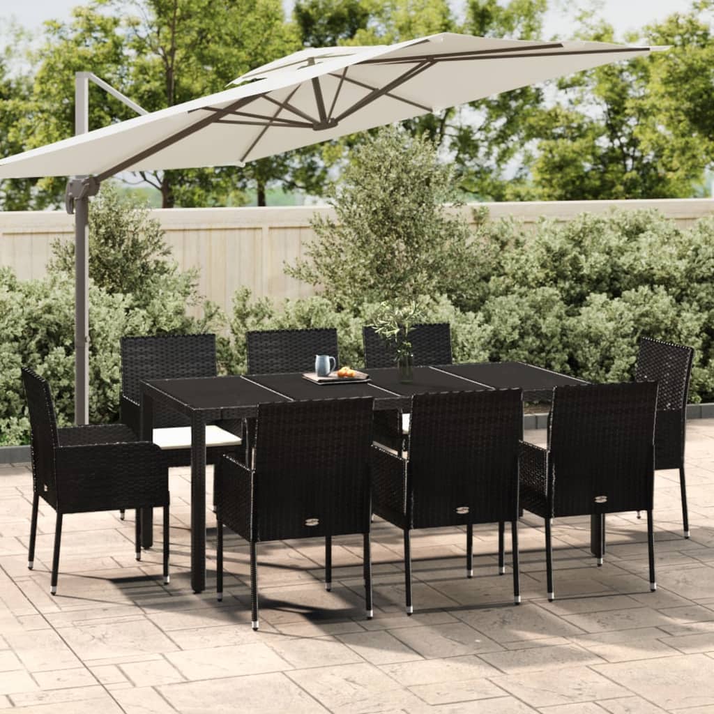 Vetonek Set de comedor de jardín 9 pzas y cojines ratán sintético negro