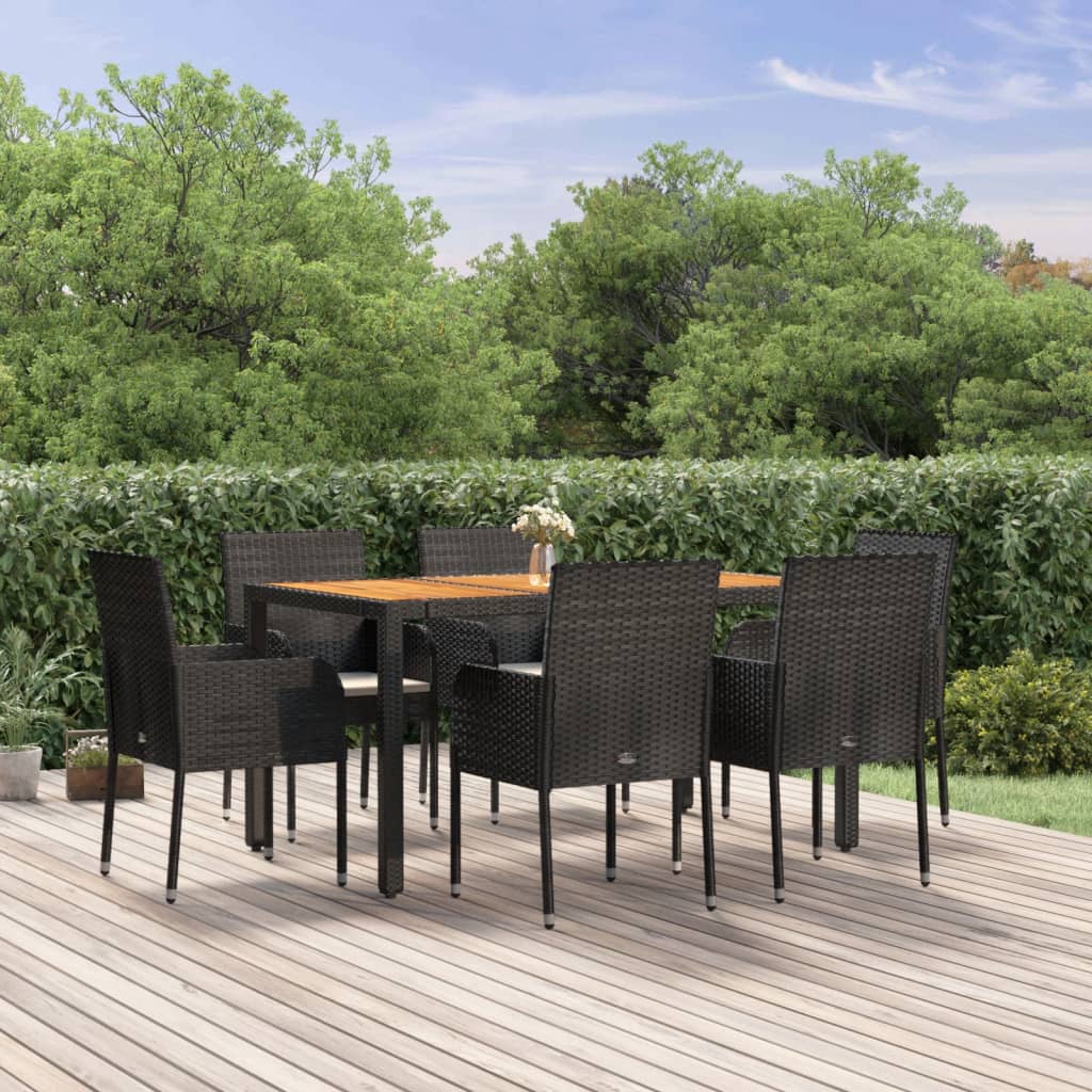 Vetonek Set de comedor de jardín 7 pzas y cojines ratán sintético negro