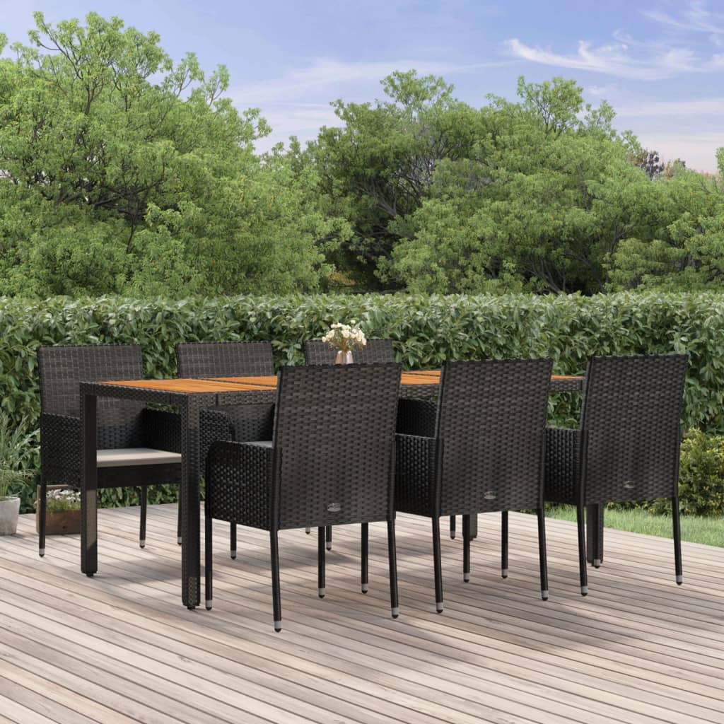 Vetonek Set de comedor de jardín 7 pzas y cojines ratán sintético negro