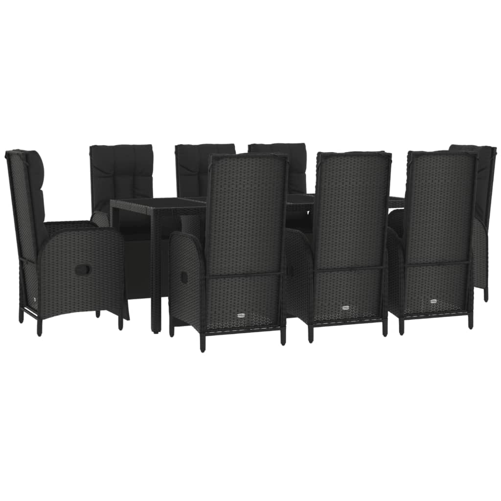 Garten -Ess -Set 9 Stcs und schwarze synthetische Rattan -Kissen