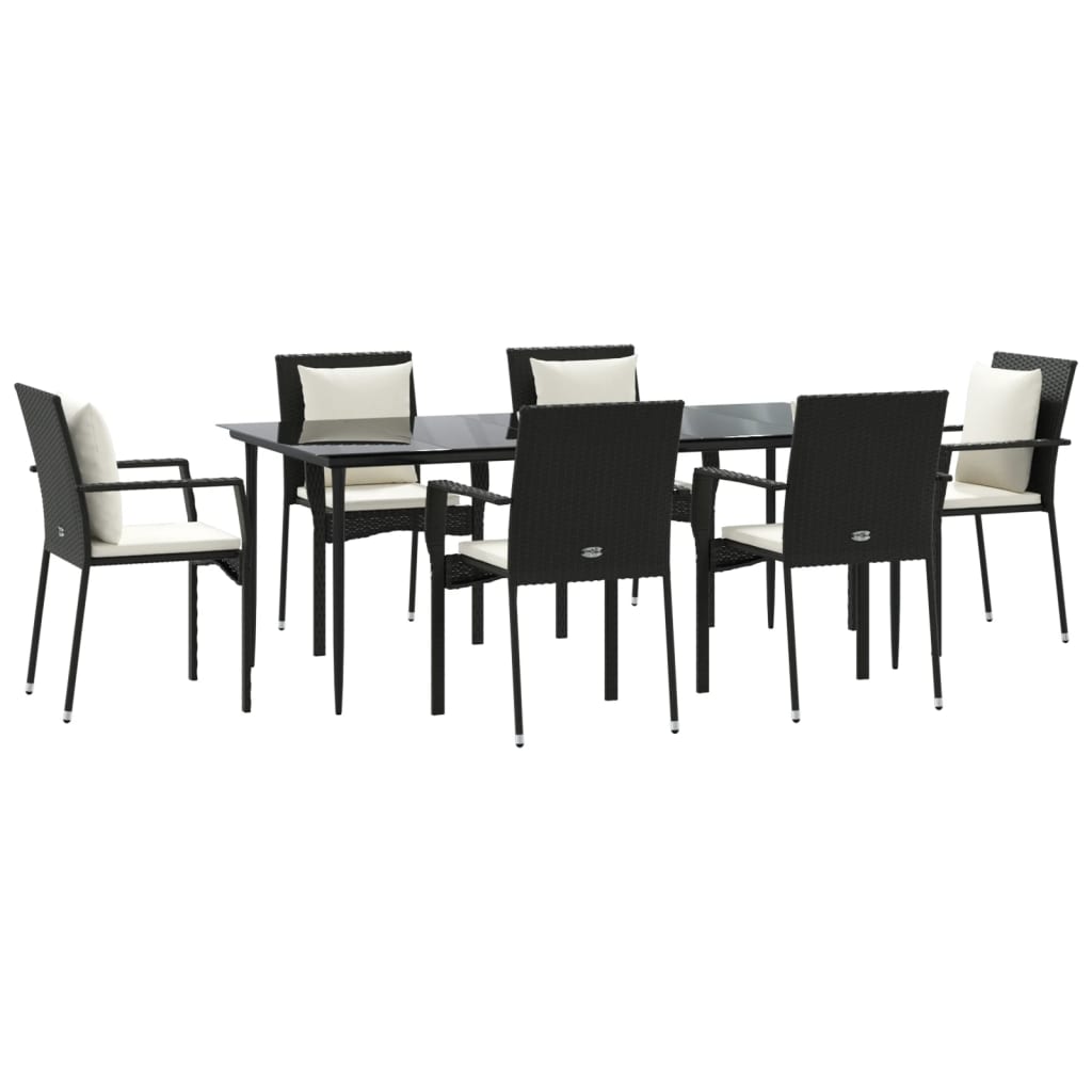 Garden dining set 7 pcs and black synthetic rattan cushions