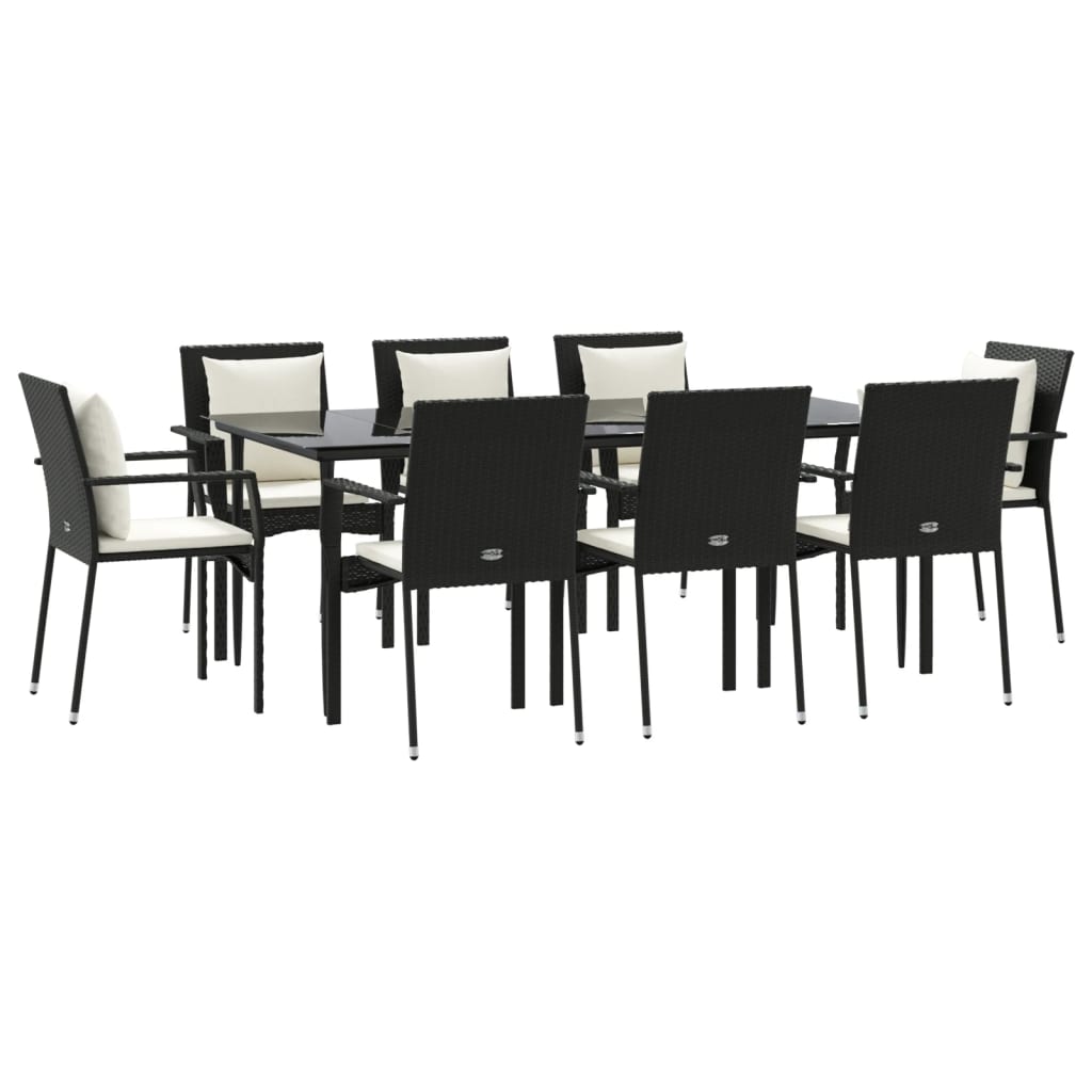 Garten -Ess -Set 9 Stcs und schwarze synthetische Rattan -Kissen