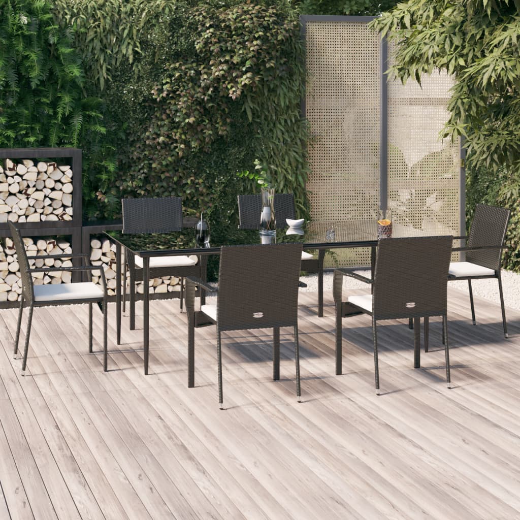 Vetonek Set de comedor de jardín 7 pzas y cojines ratán sintético negro