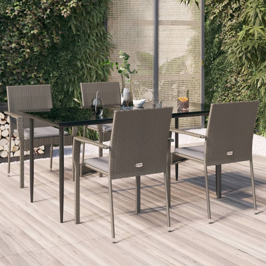 Vetonek Set comedor jardín 5 pzas y cojines ratán sintético negro gris