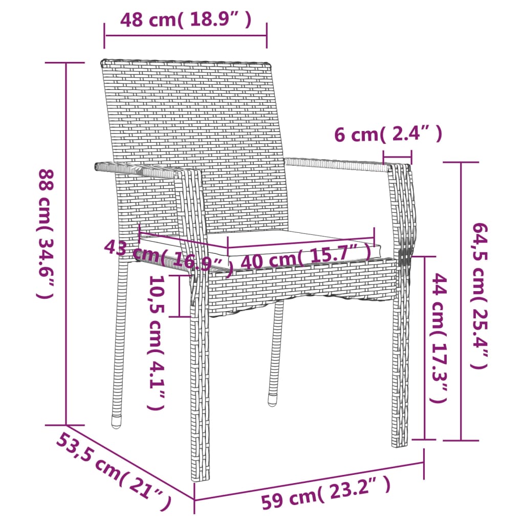 Set comedor de jardín 3 pzas con cojines ratán sintético negro vidaXL