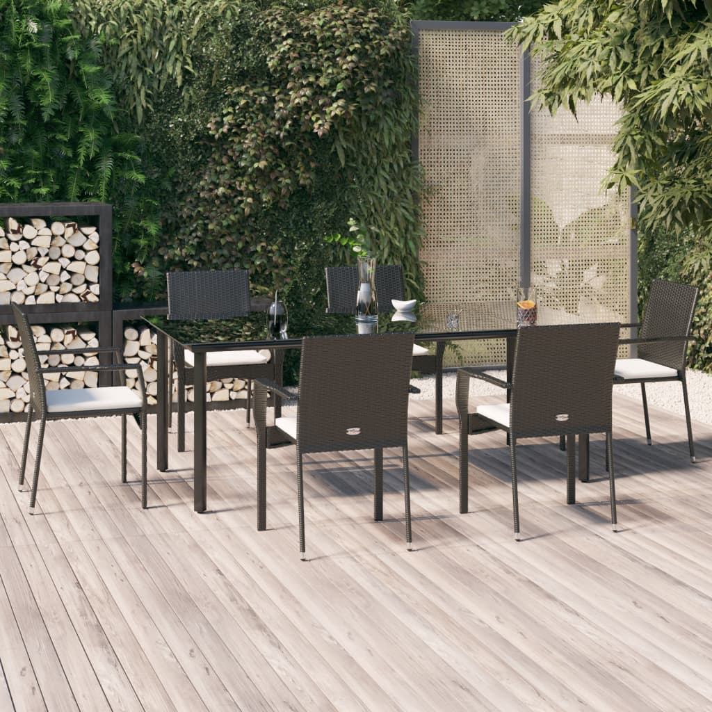 Vetonek Set de comedor de jardín 7 pzas y cojines ratán sintético negro