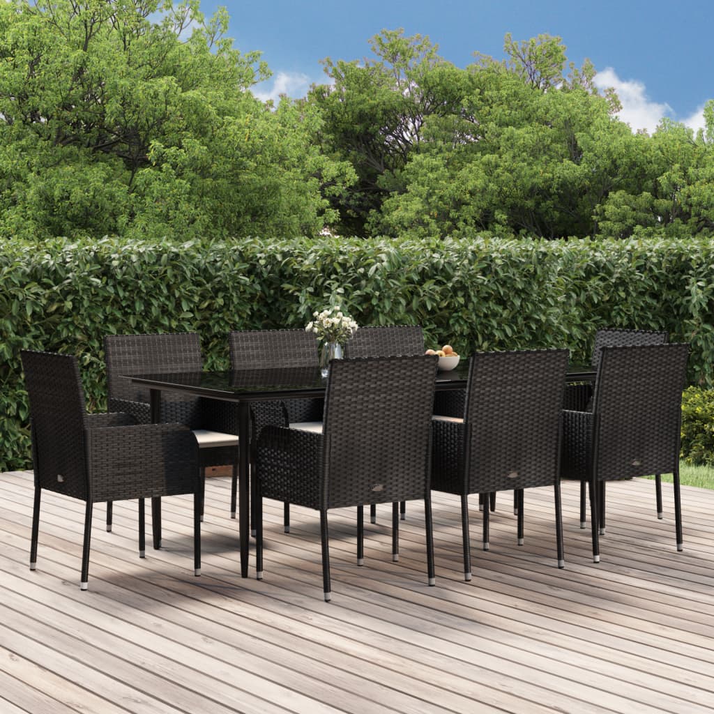 Vetonek Set de comedor de jardín 9 pzas y cojines ratán sintético negro