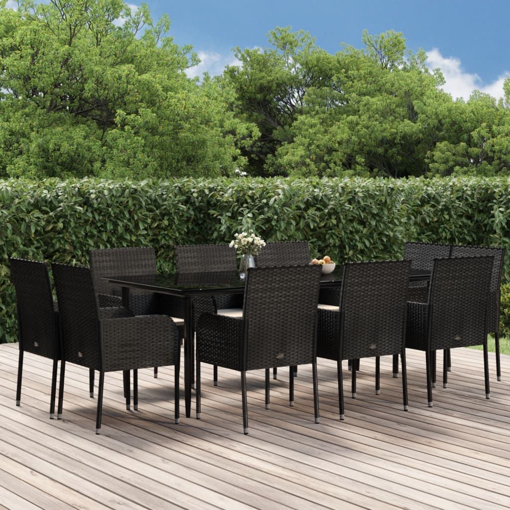 Vetonek Set de comedor jardín 11 pzas con cojines ratán sintético negro