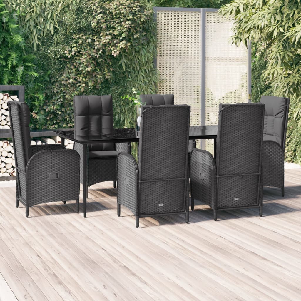 Vetonek Set de comedor de jardín 7 pzas y cojines ratán sintético negro