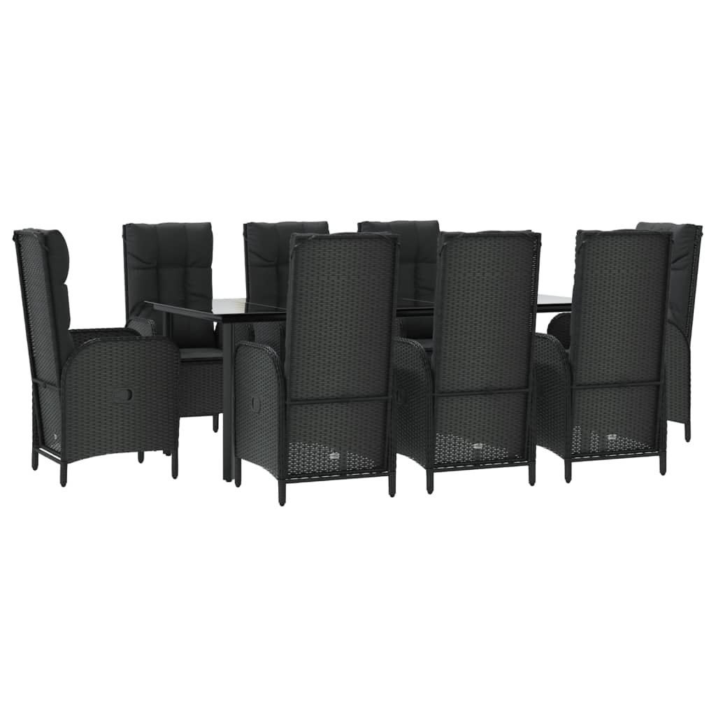 Garten -Ess -Set 9 Stcs und schwarze synthetische Rattan -Kissen