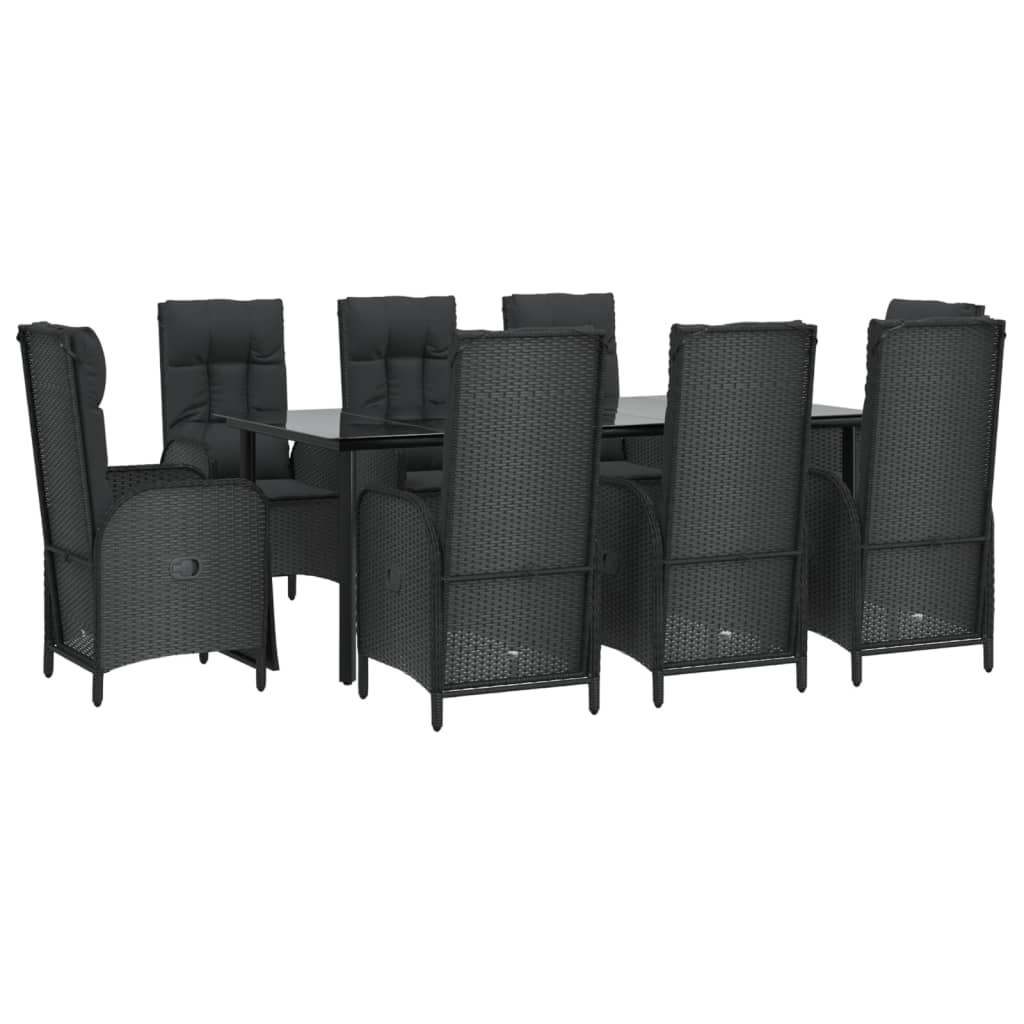 Garten -Ess -Set 9 Stcs und schwarze synthetische Rattan -Kissen