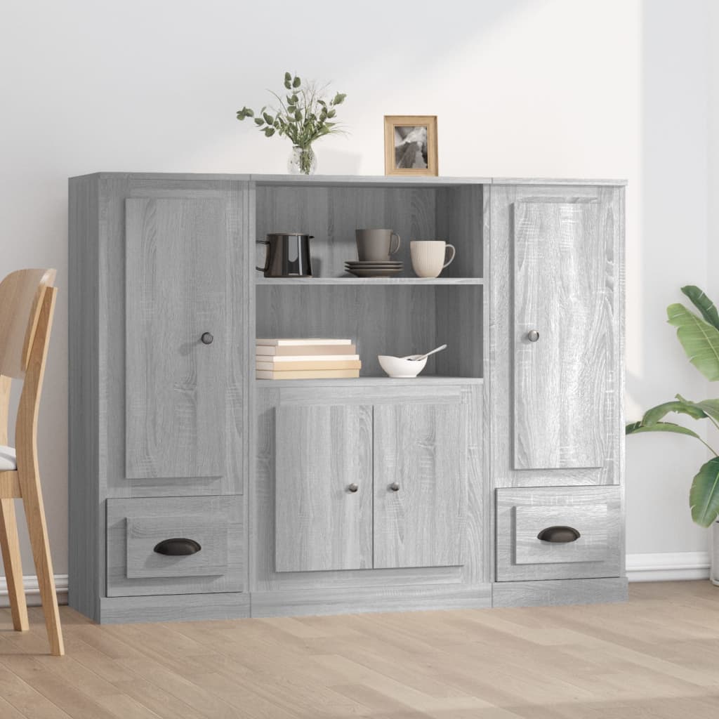 Vetonek Aparador alto 3 piezas madera contrachapada gris Sonoma