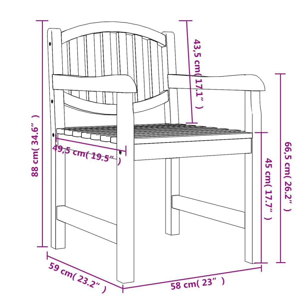 Garden chairs 2 units solid wood of teak 58x59x88 cm