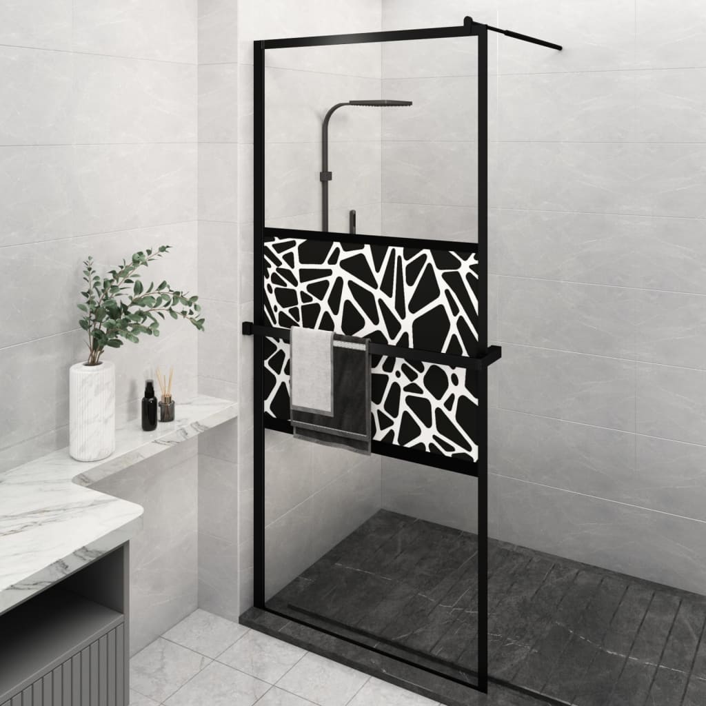 Vetonek Mampara ducha con estante vidrio ESG y aluminio negro 90x195 cm