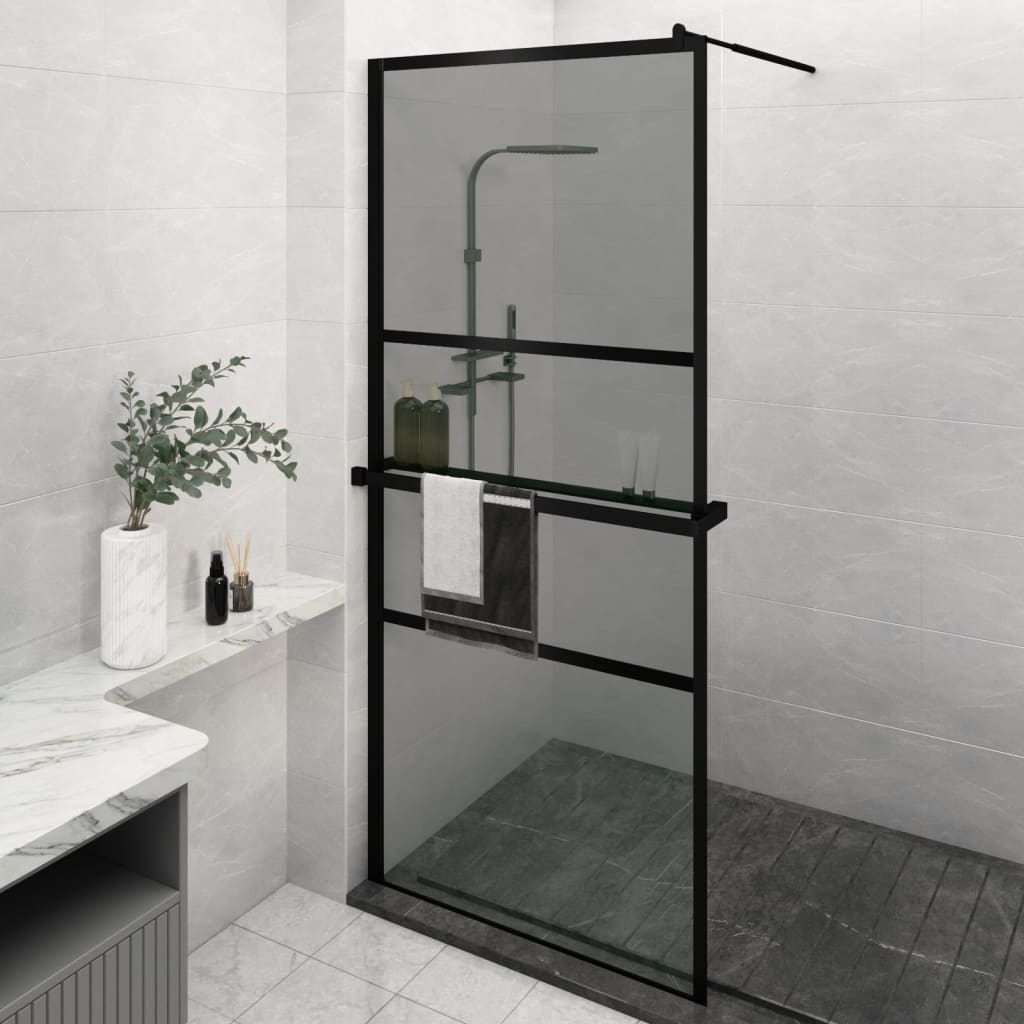 Vetonek Mampara ducha con estante vidrio ESG y aluminio negro 90x195 cm