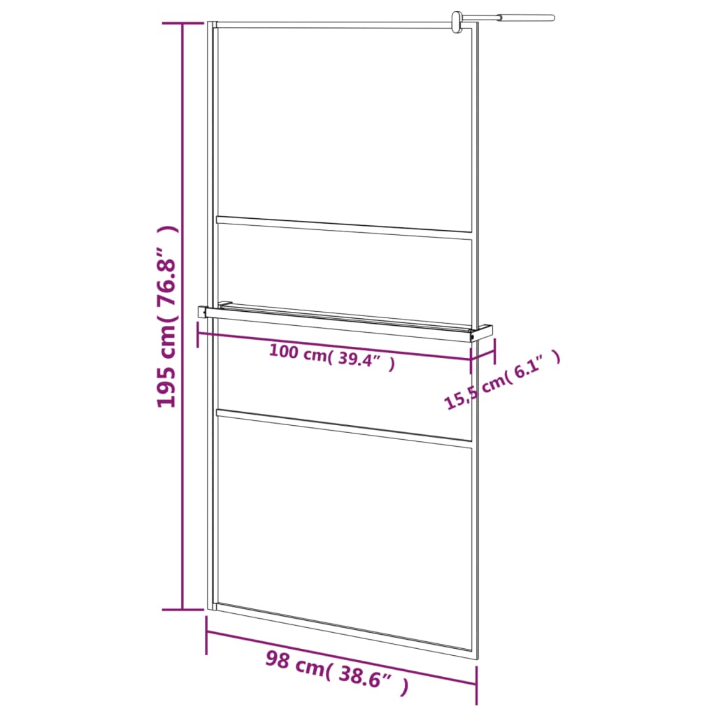 Schermata doccia con scaffale di vetro ESG e alluminio nero 100x195 cm