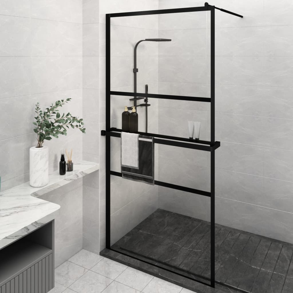 Vetonek Mampara ducha con estante vidrio ESG y aluminio negro 115x195cm