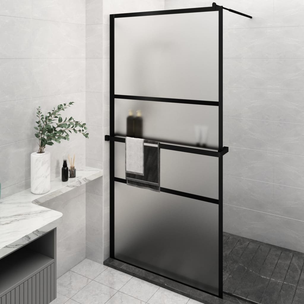 Vetonek Mampara ducha con estante vidrio ESG y aluminio negro 115x195cm