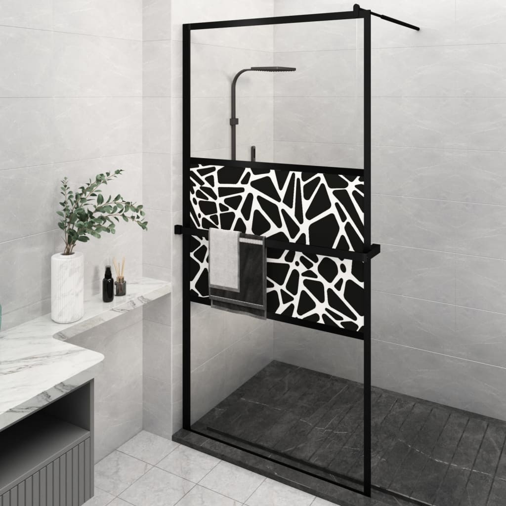 Vetonek Mampara ducha con estante vidrio ESG y aluminio negro 115x195cm