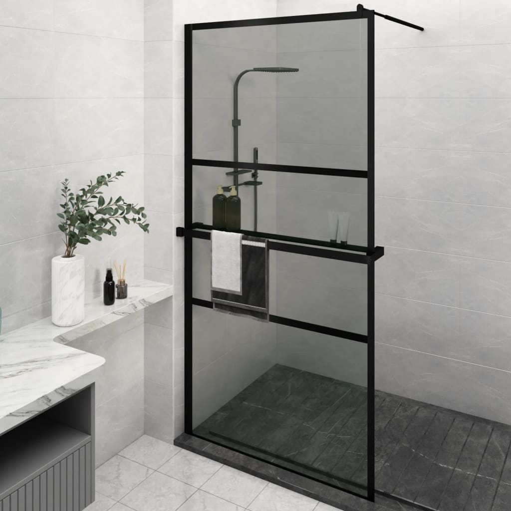 Vetonek Mampara ducha con estante vidrio ESG y aluminio negro 115x195cm